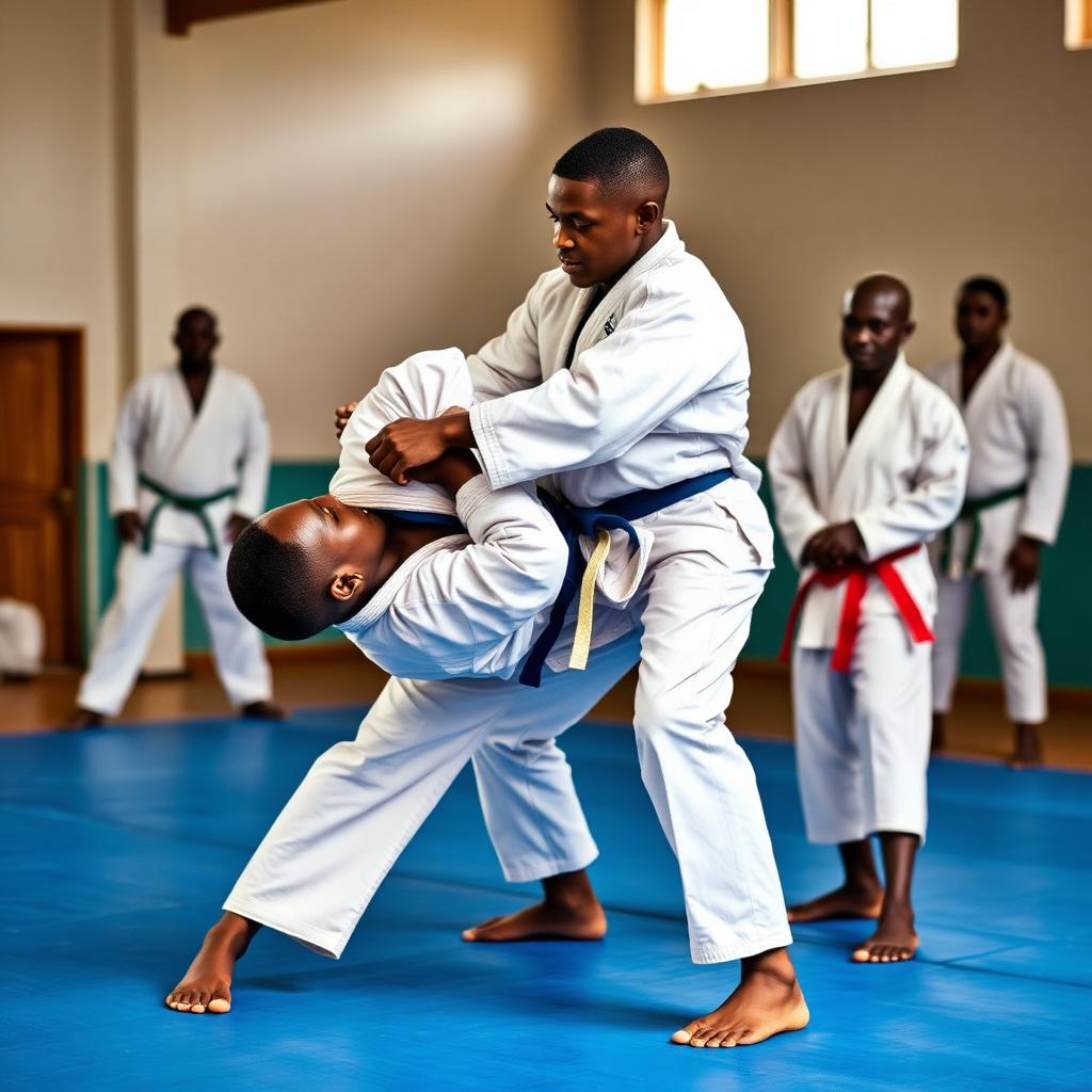 Young athletes practicing judo throws on a blue mat