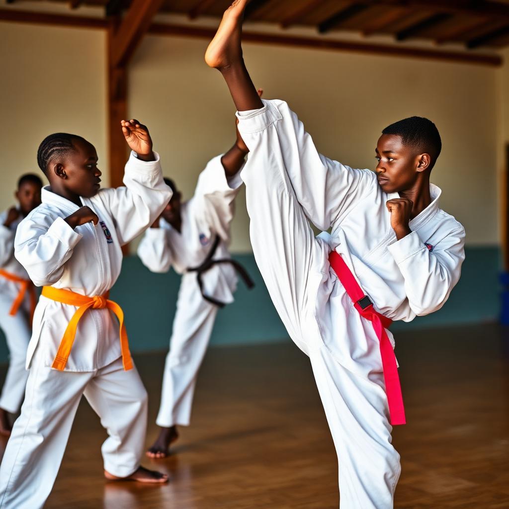 Young athletes performing high kicks during taekwondo training