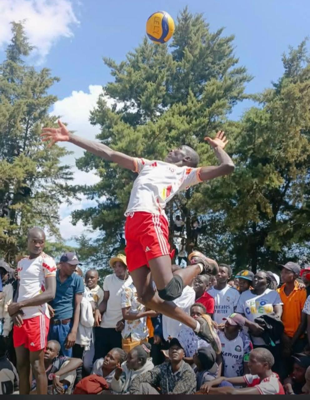 Athlete leaping to spike a volleyball above a crowd